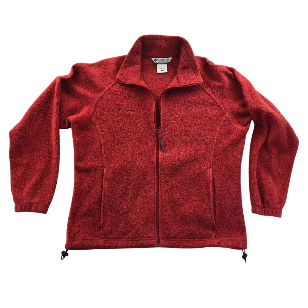 Columbia Womens Fleece Jacket Large Red Full Zip Mock Neck Outdoors Cozy Casual